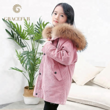 Direct factory price real raccoon fur lined long parka outfit for kids